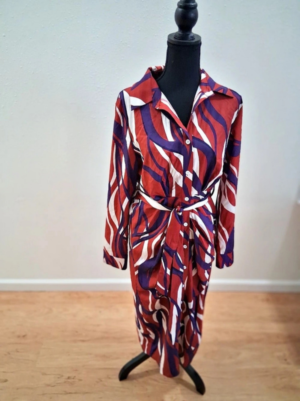 Abstract Print Button Front Maxi Dress in Red & Blue Like